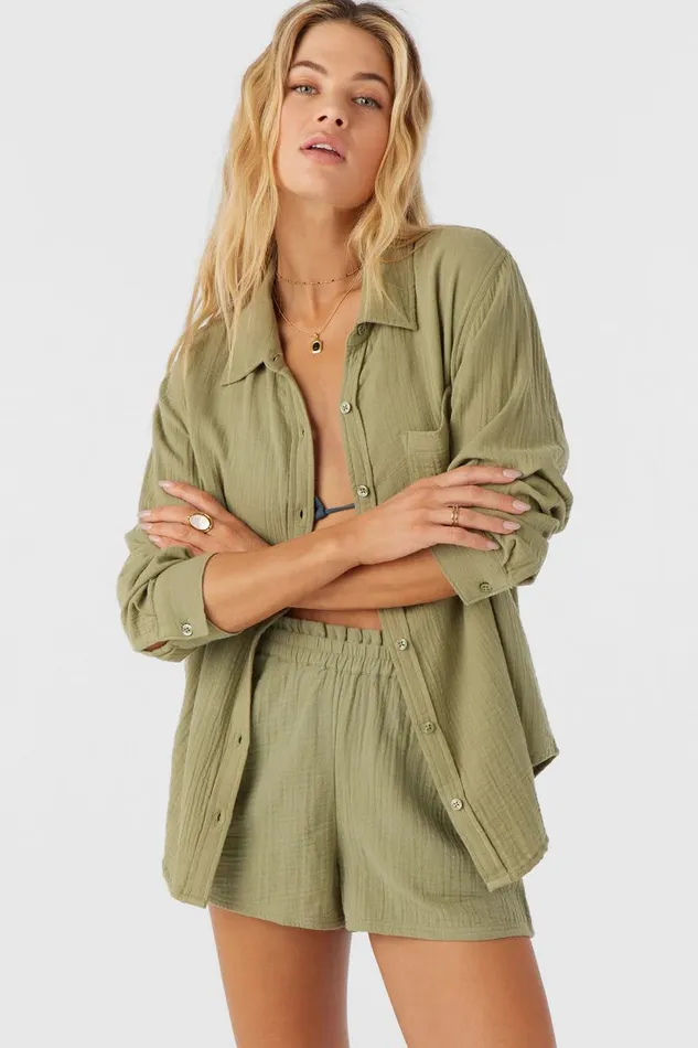 LENI CRINKLE DOUBLE GAUZE BUTTON DOWN SHIRT Oil Green Women O039NEILL Collections