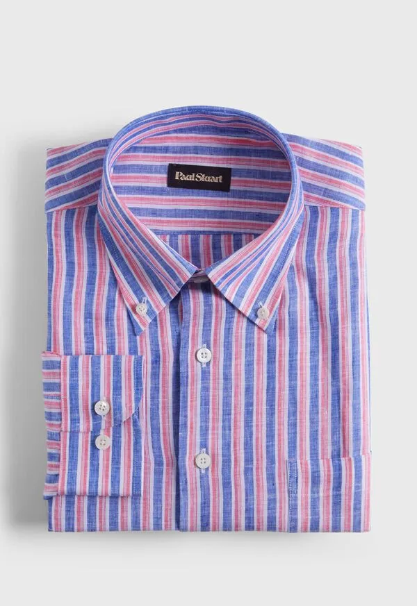 Linen Shadow Stripe Sport Shirt BlueRed Sport Shirts Paulstuart Mens