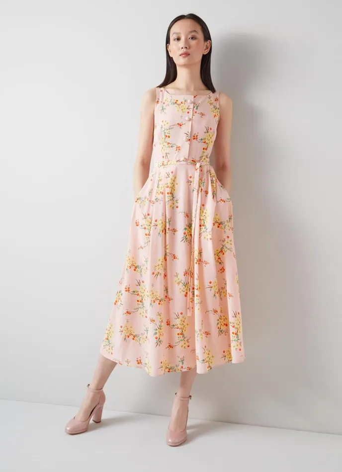 LK Bennett Callie Pink And Yellow Cherry Blossom Print Silk Dress Women Dresses