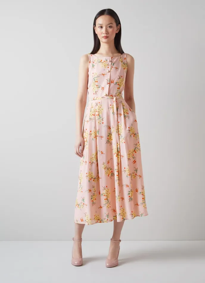LK Bennett Callie Pink And Yellow Cherry Blossom Print Silk Dress Women Dresses