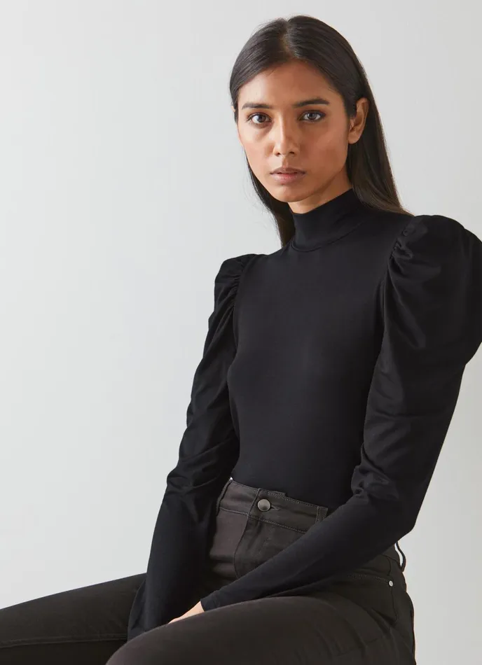 LK Bennett Cora Black Jersey Puff Sleeve Turtle Neck Top Women Tops