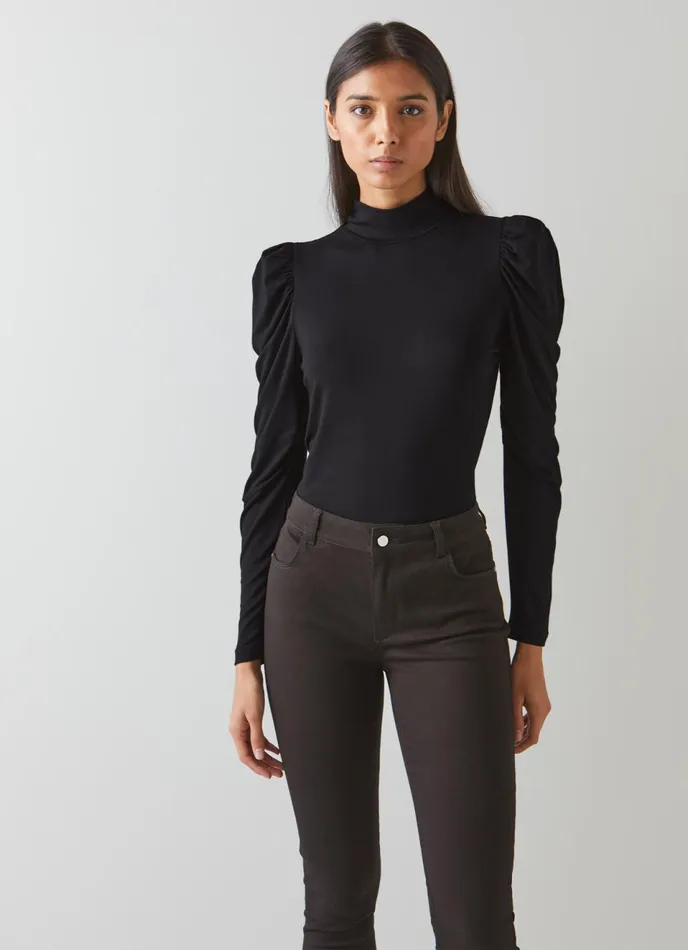 LK Bennett Cora Black Jersey Puff Sleeve Turtle Neck Top Women Tops