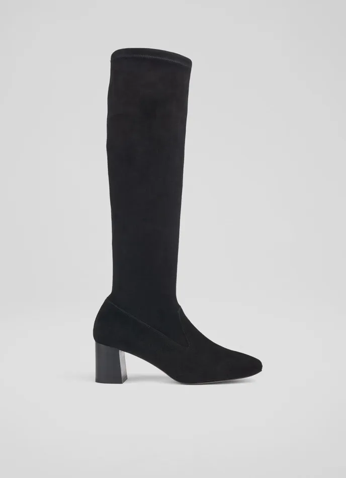 LK Bennett Davina Black Stretch Suede KneeHigh Boots Women Boots