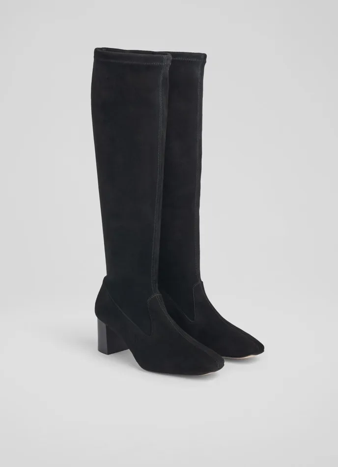 LK Bennett Davina Black Stretch Suede KneeHigh Boots Women Boots