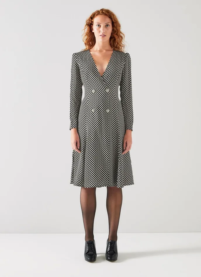 LK Bennett Edel Black And Cream Graphic Spot Dress Women Dresses