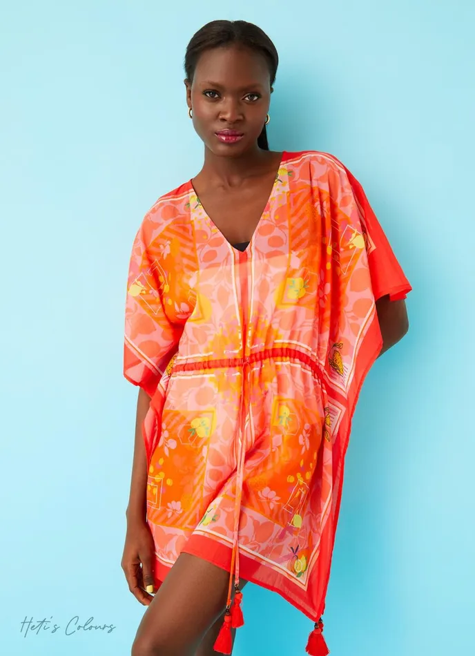 LK Bennett Gina Pink And Orange Lemon Print Kaftan Women Dresses