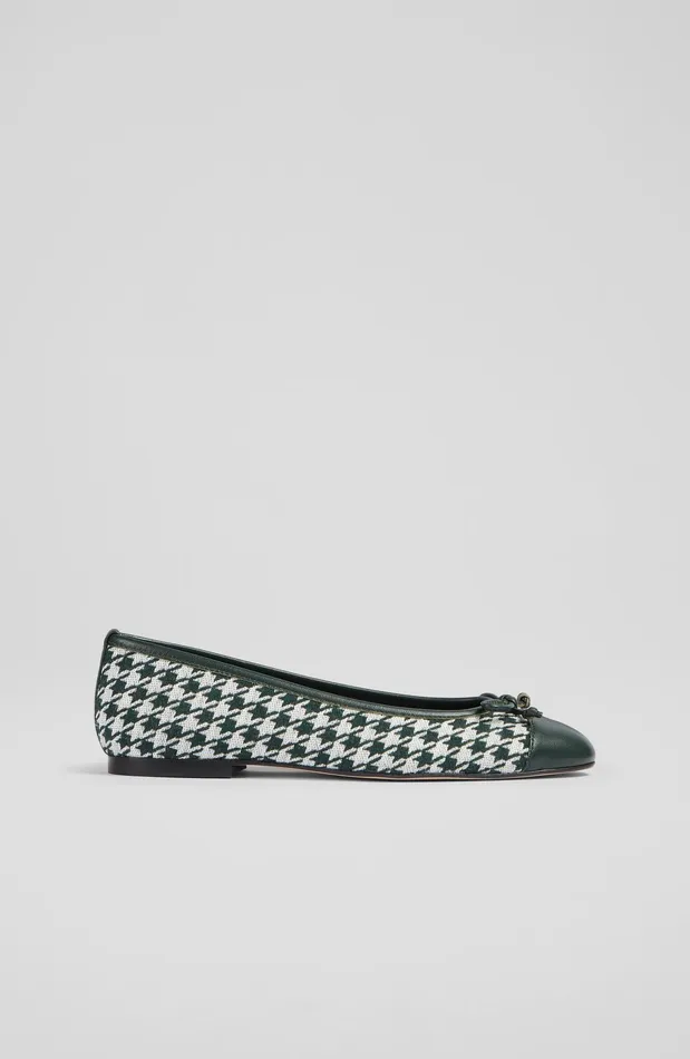 LK Bennett Kara Green Houndstooth Print Ballet Pumps Women Flats