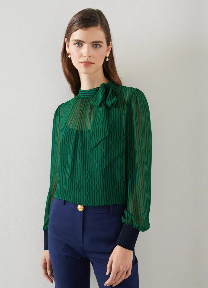 LK Bennett Marcy Green And Blue Graphic Stripe Print Top Women Tops