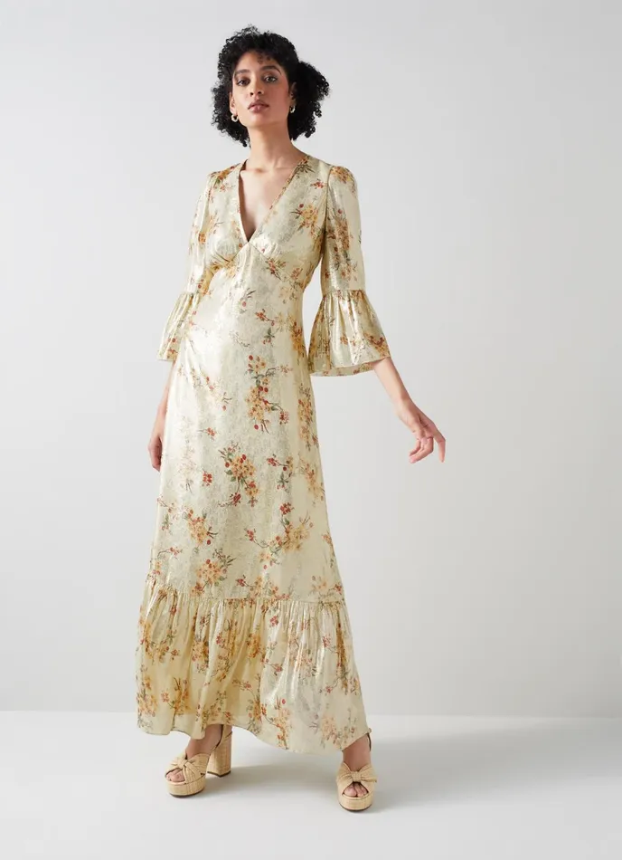 LK Bennett Martha Meadow Scene Metallic Silk Maxi Dress Women Dresses