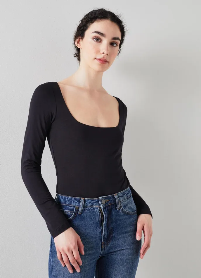 LK Bennett Miriam Black Lenzing Ecovero Viscose Square Neck Body Women Tops
