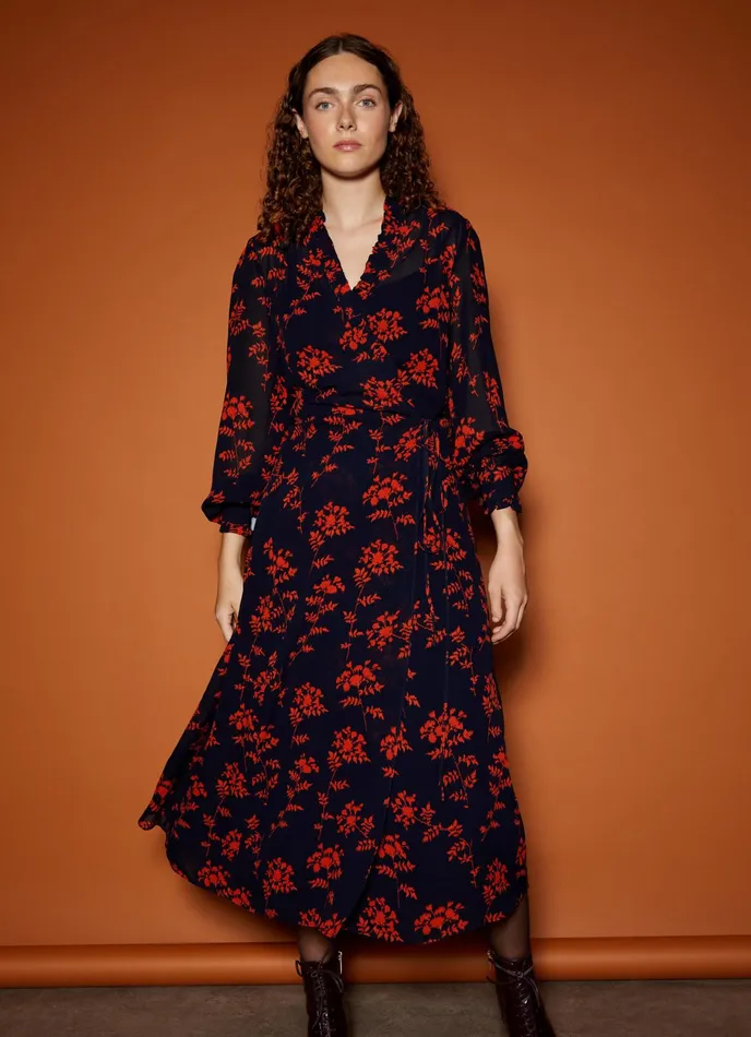 LK Bennett Odetta Navy And Orange Shadow Floral Print Dress Women Dresses