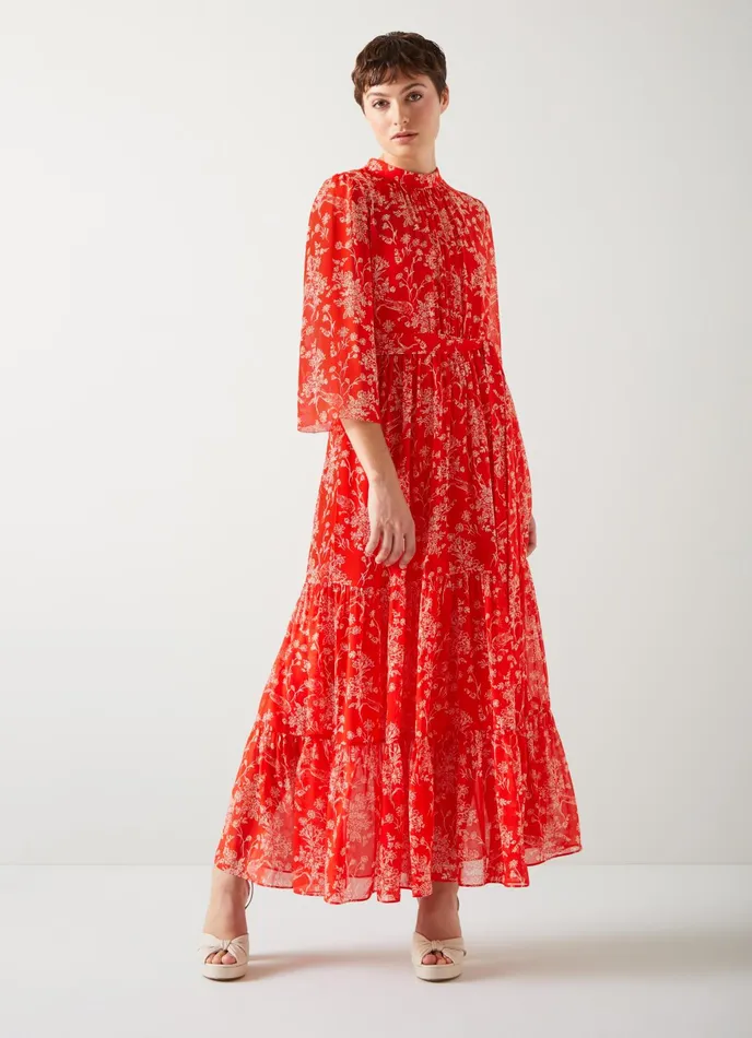 LK Bennett Olivia Red And Cream Silk Georgette Maxi Dress Women Dresses