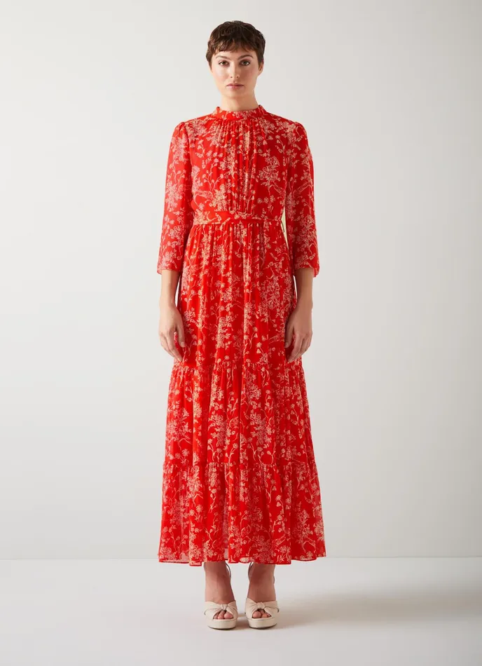 LK Bennett Olivia Red And Cream Silk Georgette Maxi Dress Women Dresses