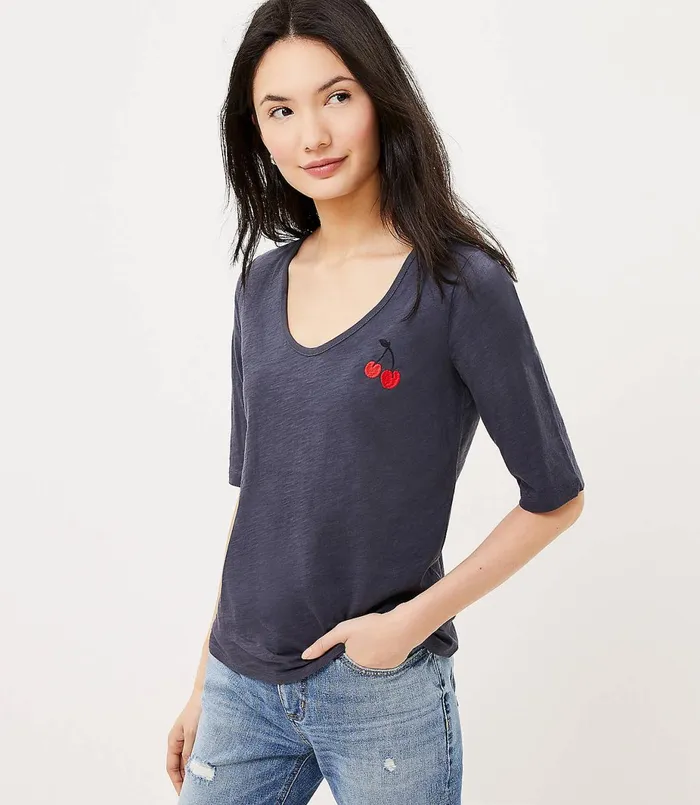 LOFT Cherry Embroidered Elbow Sleeve Tee Coastal Grey Women Tops