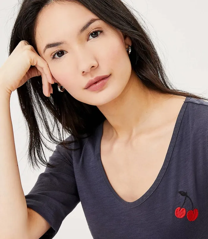 LOFT Cherry Embroidered Elbow Sleeve Tee Coastal Grey Women Tops