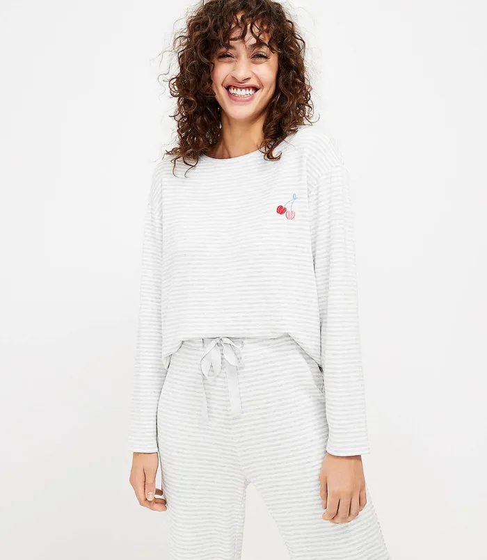 LOFT Cherry Striped Pajama Top Light Grey Women Sleepwear