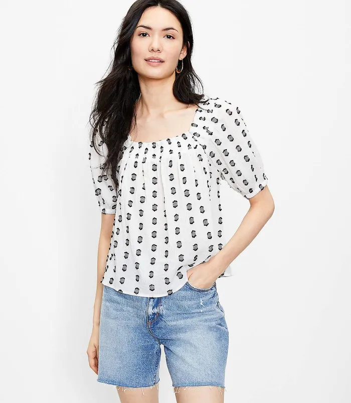 LOFT Clip Smocked Square Neck Top Whisper White Women Petite Tops