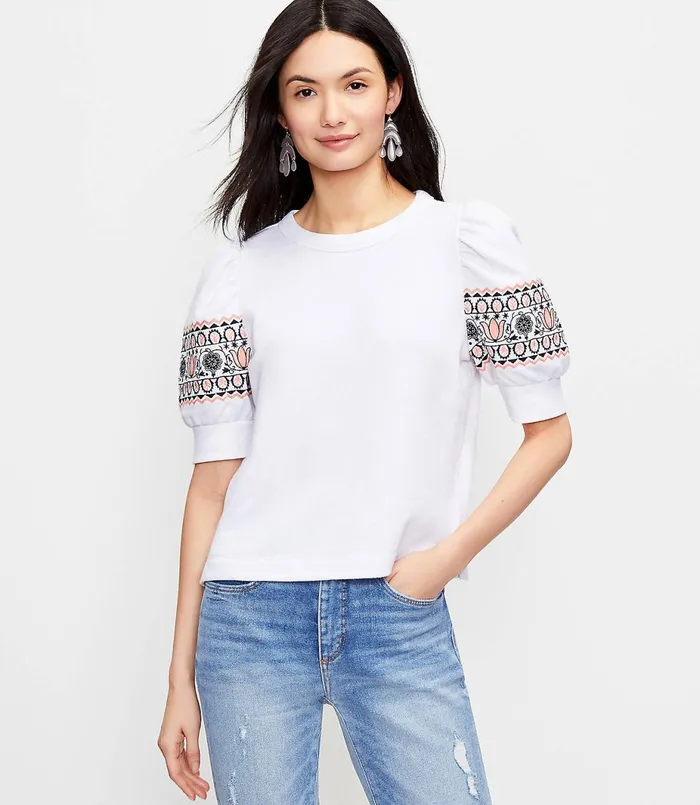 LOFT Embroidered Puff Sleeve Sweatshirt Tee White Women Loungewear