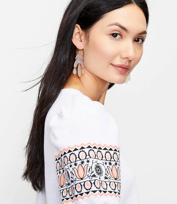 LOFT Embroidered Puff Sleeve Sweatshirt Tee White Women Loungewear