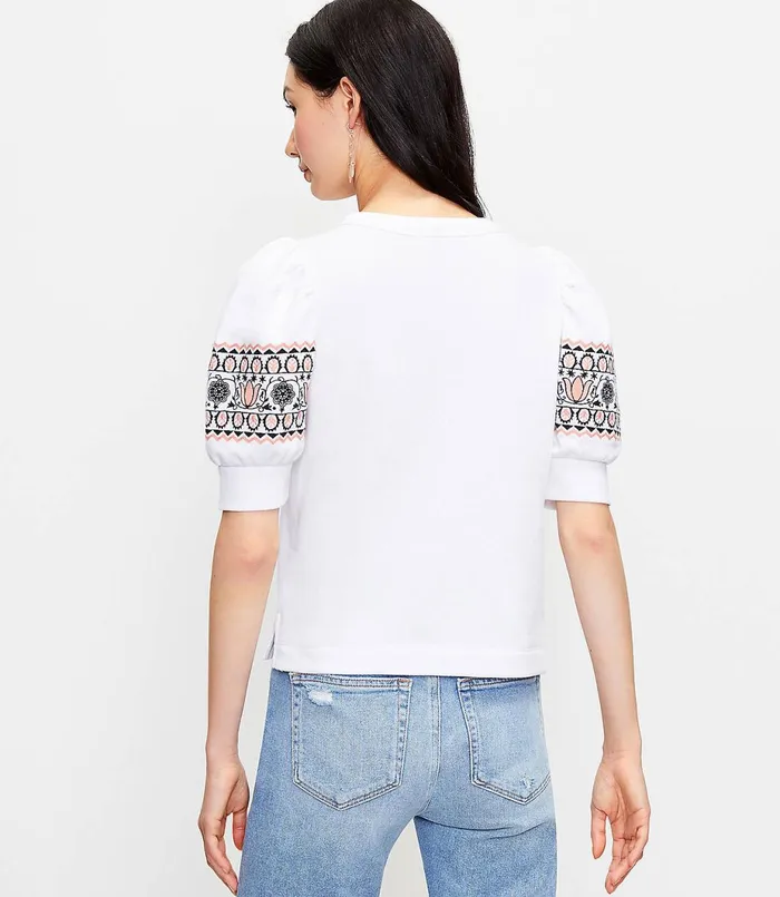 LOFT Embroidered Puff Sleeve Sweatshirt Tee White Women Loungewear