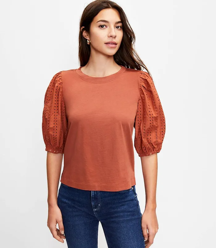 LOFT Eyelet Puff Sleeve Top Forever Navy Women Loungewear