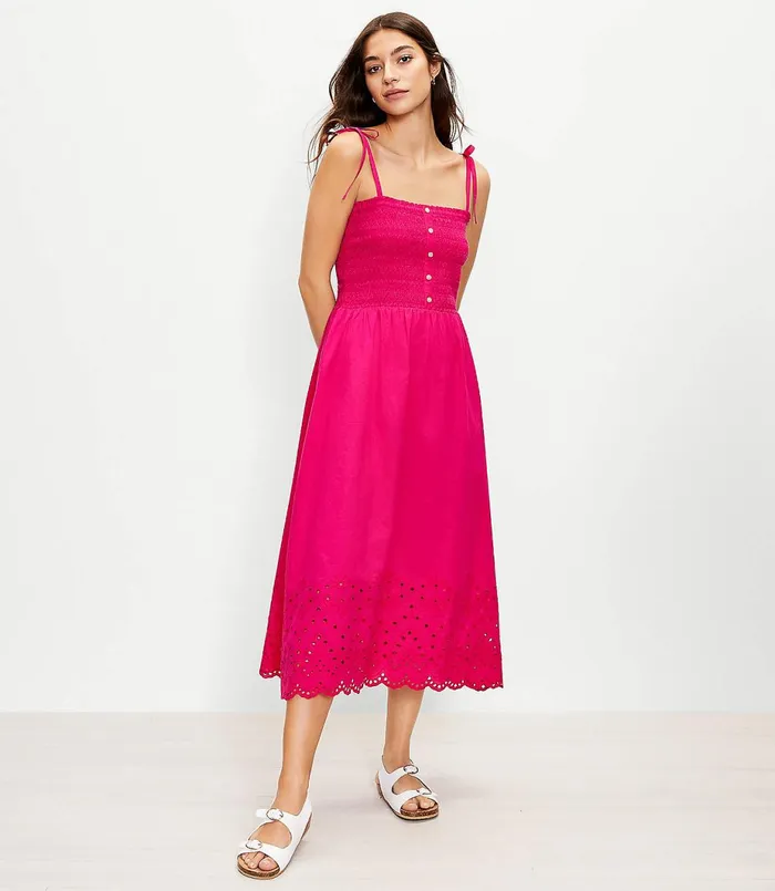 LOFT Eyelet Smocked Strappy Midi Dress Peppermint Pink Women Midi and Maxi