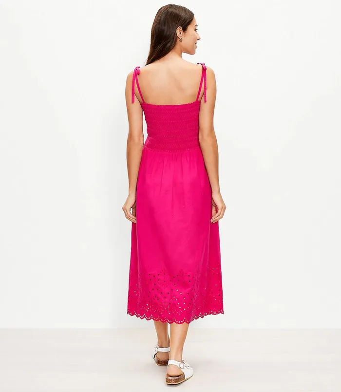 LOFT Eyelet Smocked Strappy Midi Dress Peppermint Pink Women Midi and Maxi