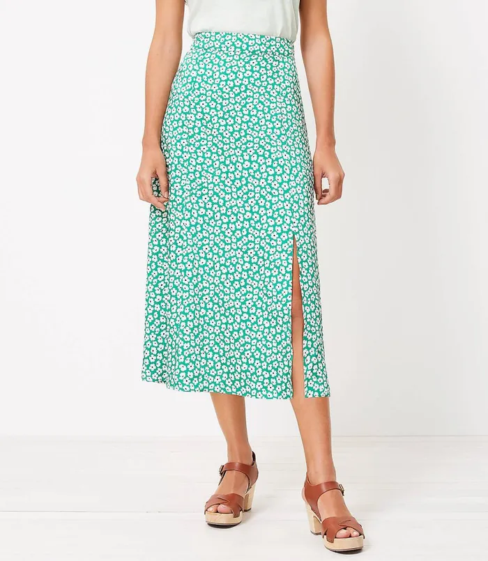 LOFT Floral Slit Midi Skirt Bright Kelly Green Women Skirts