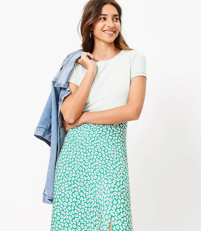 LOFT Floral Slit Midi Skirt Bright Kelly Green Women Skirts