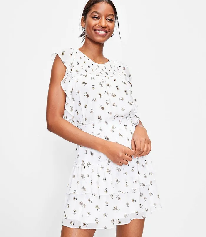 LOFT Floral Tiered Ruffle Pull On Skirt Whisper White Women Skirts