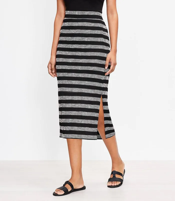 LOFT Geo Striped Slit Column Pull On Skirt Blackwhite Multi Women Skirts