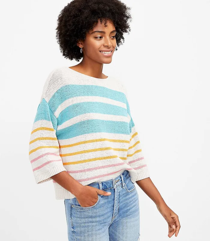 LOFT Mixed Stripe Sweater Pearl Ivory Women Sweaters