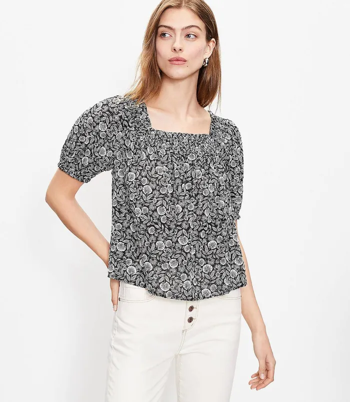 LOFT Palm Smocked Square Neck Top Black Women Petite Tops