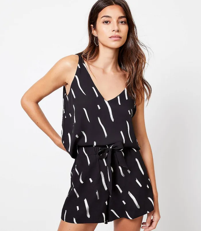 LOFT Petite Brushstroke VNeck Shell Black Women Petite Tops