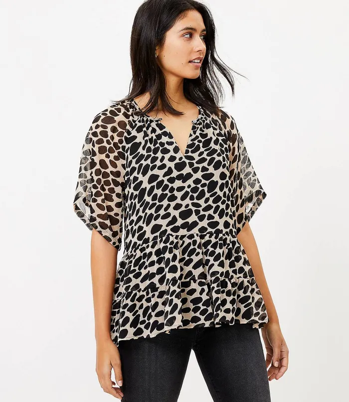 LOFT Petite Cheetah Print Tiered Top Black Women Petite Tops