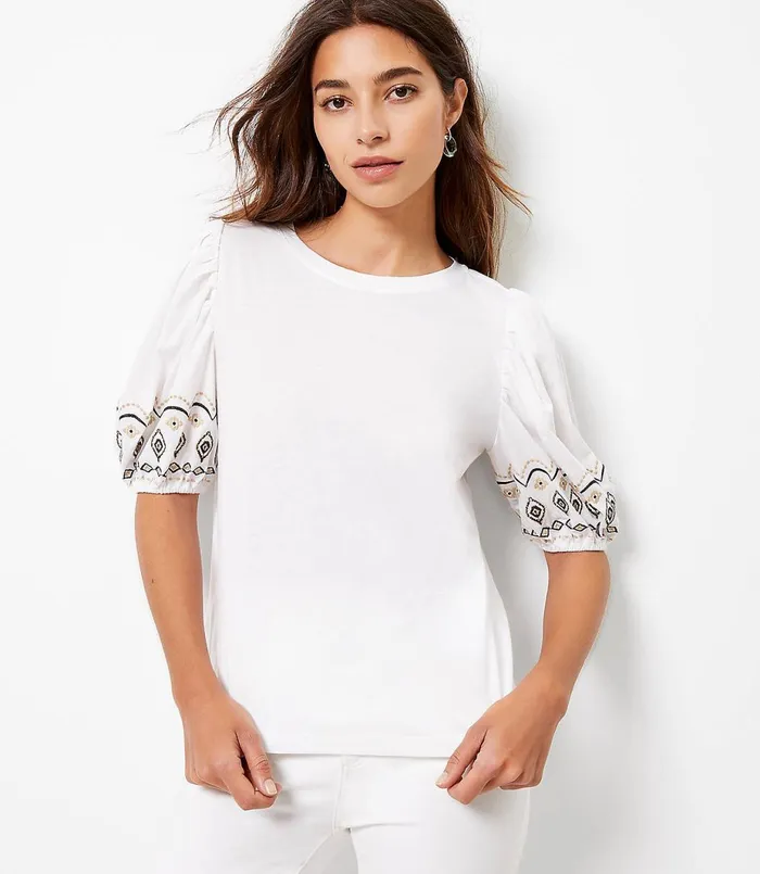 LOFT Petite Embroidered Balloon Sleeve Top Black Women Petite Tees