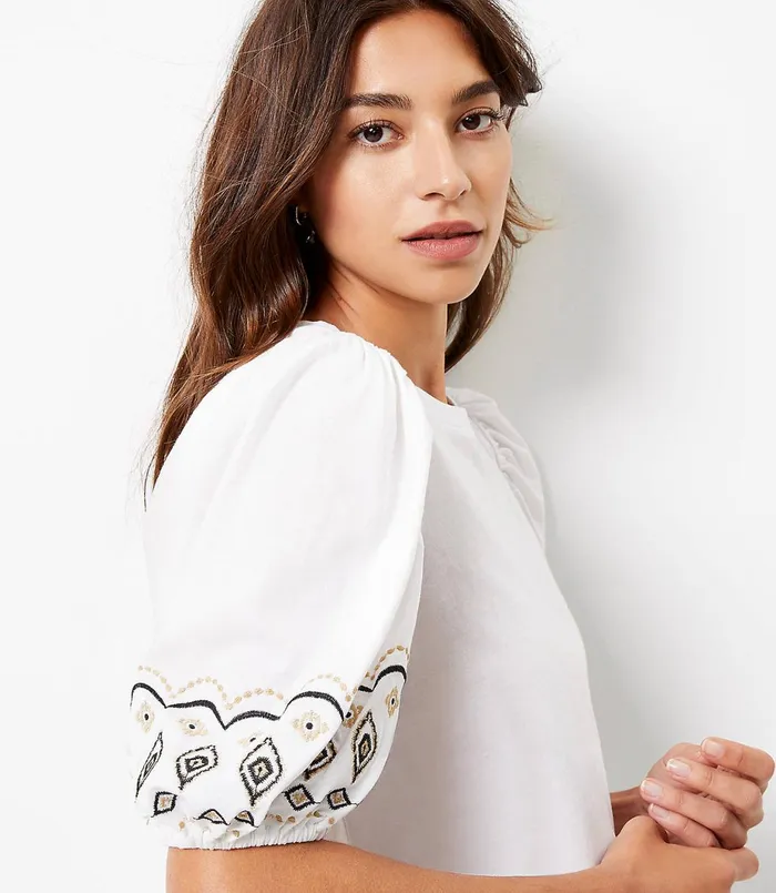 LOFT Petite Embroidered Balloon Sleeve Top Black Women Petite Tees