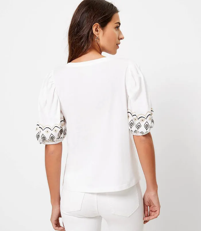 LOFT Petite Embroidered Balloon Sleeve Top Black Women Petite Tees