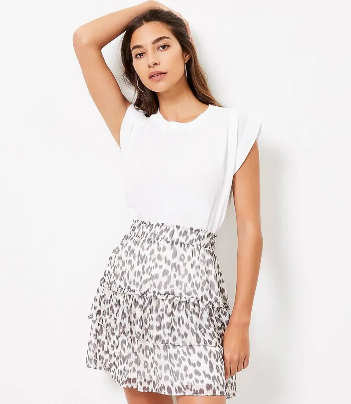 LOFT Petite Leopard Print Tiered Ruffle Skirt Whisper White Women Petite Skirts