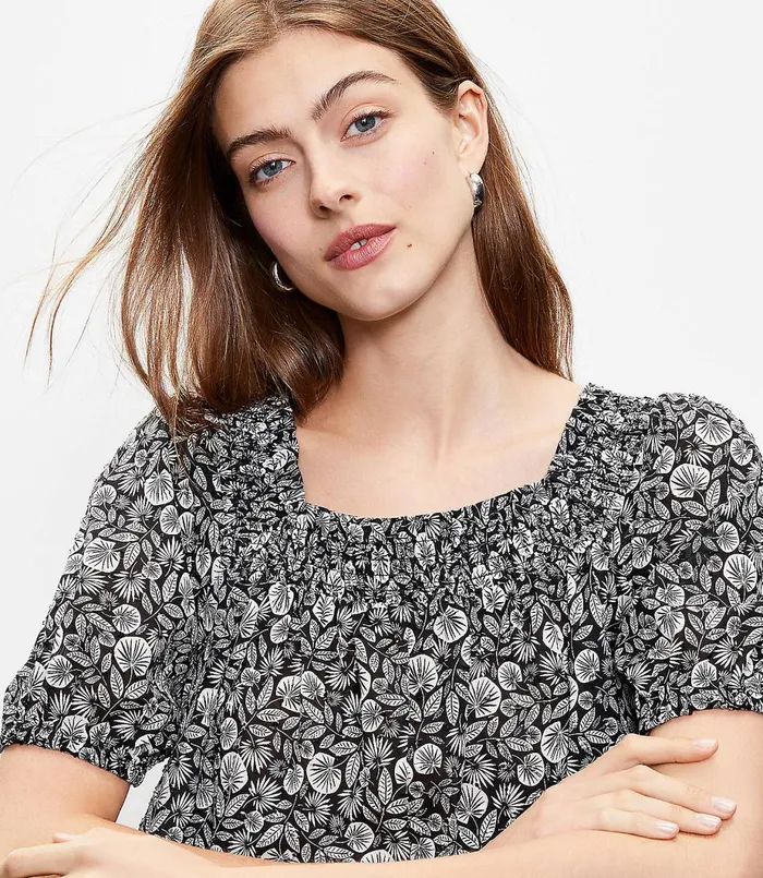 LOFT Petite Palm Smocked Square Neck Top Black Women Petite Tops