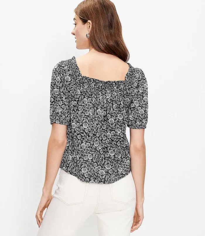 LOFT Petite Palm Smocked Square Neck Top Black Women Petite Tops