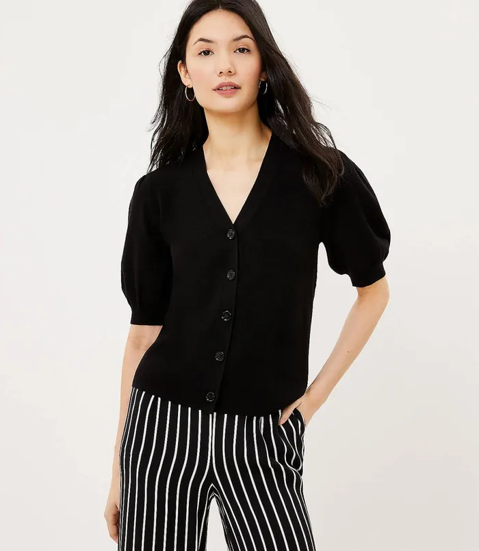 LOFT Petite Puff Sleeve VNeck Cardigan White Women Petite Cardigans