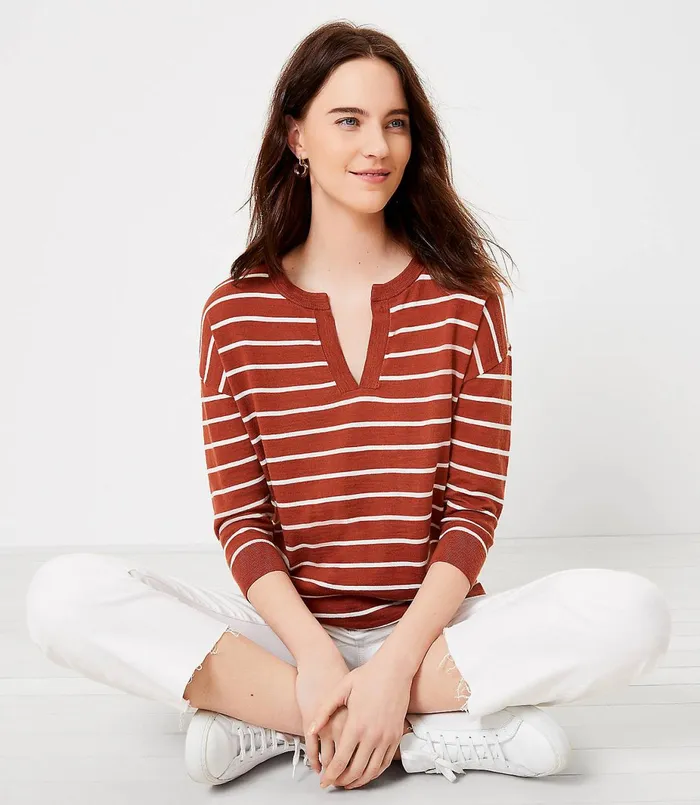 LOFT Petite Striped Split Neck Tunic Sweater Black Women Petite Sweaters