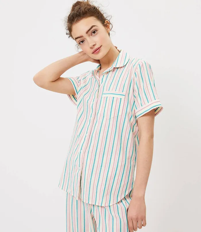 LOFT Rainbow Stripe Pajama Top Whisper White Women Sleepwear