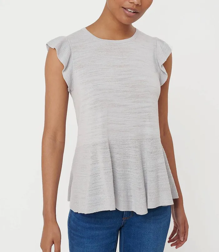 LOFT Ruffle Sleeve Peplum Sweater Glimmering Grey Women Sweaters