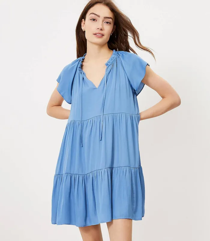 LOFT Ruffle Tiered Swing Dress Soft Azure Women Swing Dresses
