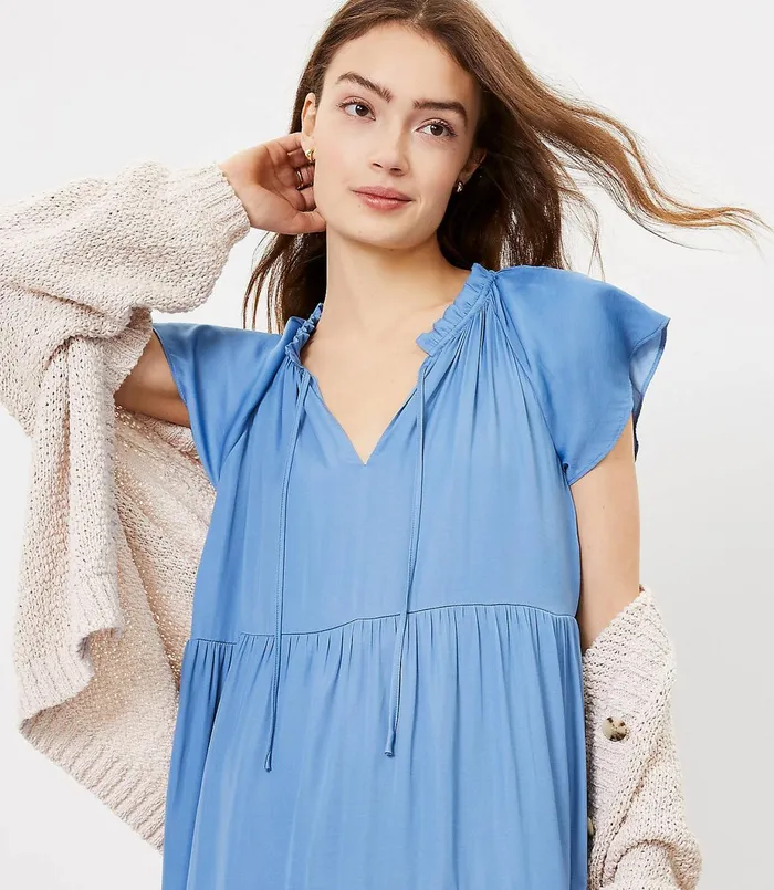 LOFT Ruffle Tiered Swing Dress Soft Azure Women Swing Dresses