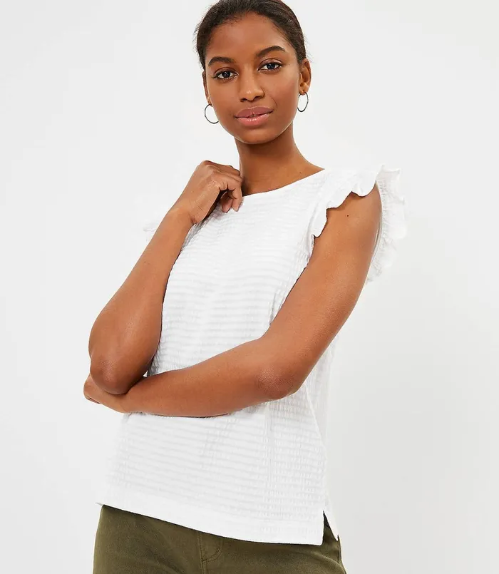 LOFT Seersucker Ruffle Shell White Women Tees
