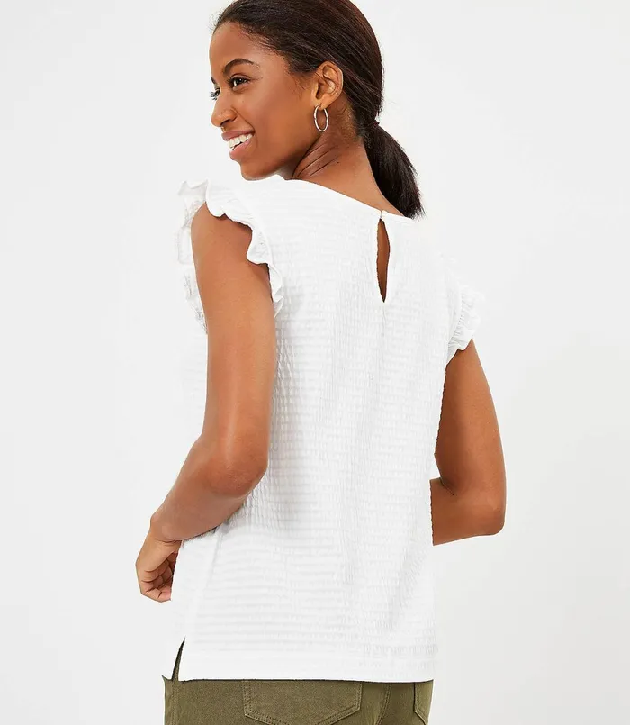LOFT Seersucker Ruffle Shell White Women Tees