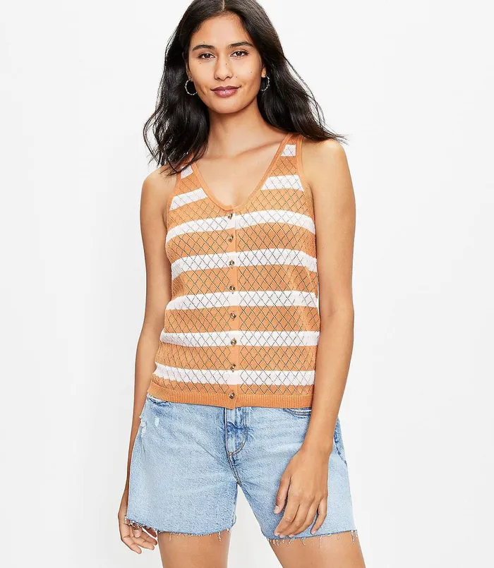 LOFT Striped Lattice Button Sweater Tank Rich Hazelnut Women Sweaters